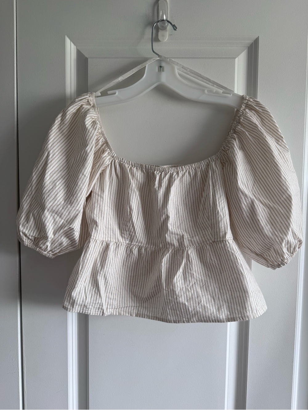 Striped Puff-Sleeve Peplum Blouse - Cream 100% cotton